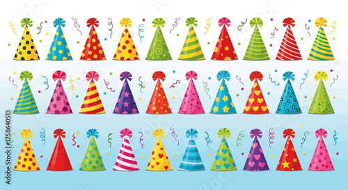 Collection of Colorful Party Hats with Pom-Poms and Streamers