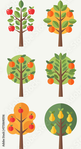 Trees bearing apples oranges and pears in a flat design.
