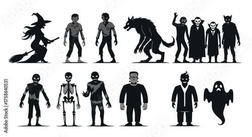 Spooky Halloween Monsters Silhouette Collection for Fright Night Celebrations – Classic Creepy Characters Set for Holiday Graphics and Decorations