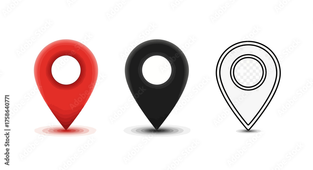 Fototapeta premium Set of three location pin icons red, black, and outlined, perfect for maps, navigation, and wayfinding