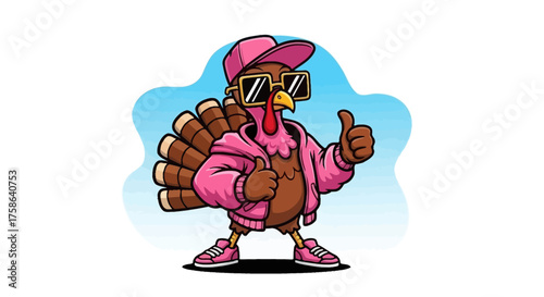 A cool cartoon turkey character wearing a pink jacket, sunglasses, and a baseball cap giving a thumbs up gesture for Thanksgiving