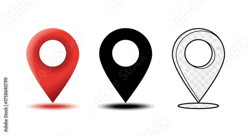 Set of Three Location Pin Icons Red, Black, and Outline Designs for Navigation and Mapping