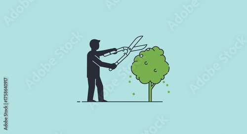 Person using shears to trim a green tree with falling leaves.