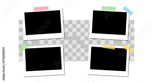 Collage of Blank Photo Frames with Pastel Tape on Transparent Background