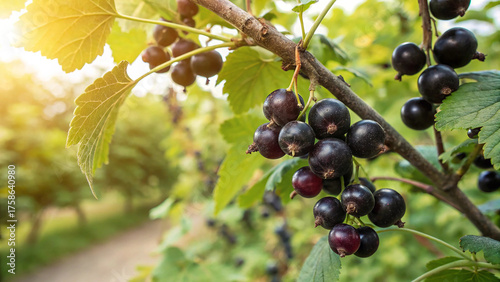 Schilderij op canvas Currant hanging on tree in garden, Black Currants tree in natural warm sunlight