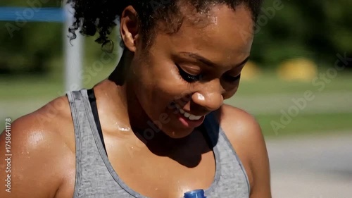Young African-American Woman Enjoying Water After Exercise in a Sunny Environment for Fitness Blogs, Health Websites, Wellness Content, and Social Media Promotion