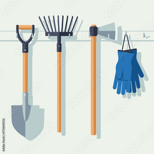 Gardening tools including shovel, rake, and gloves hang on hooks.