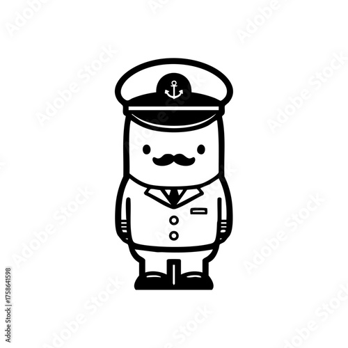 Adorable cartoon ship captain in uniform with a mustache and hat, symbolizing sailing, navigation, and maritime leadership.