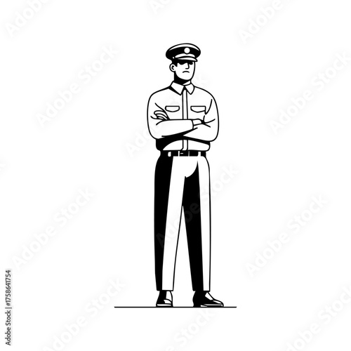 Male prison guard standing firmly with crossed arms, symbolizing vigilance, order, and authority in correctional services.