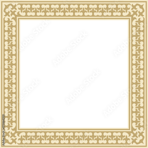 Vector golden square Kazakh national ornament. Ethnic pattern of the peoples of the Great Steppe, Mongols,  Kyrgyz, Kalmyks, Buryats. Square frame border.