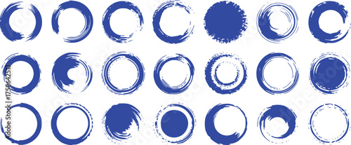 Collection of Blue Brushstroke Circles and Rings on White Background