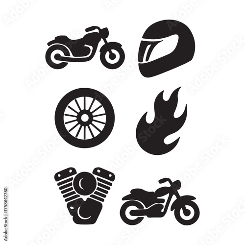 Collection of motorcycle icons including a helmet, engine, wheel, and flames