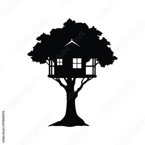 Silhouette of a Treehouse Built High Among the Leaves in Black, forest treehouse silhouette vector illustration