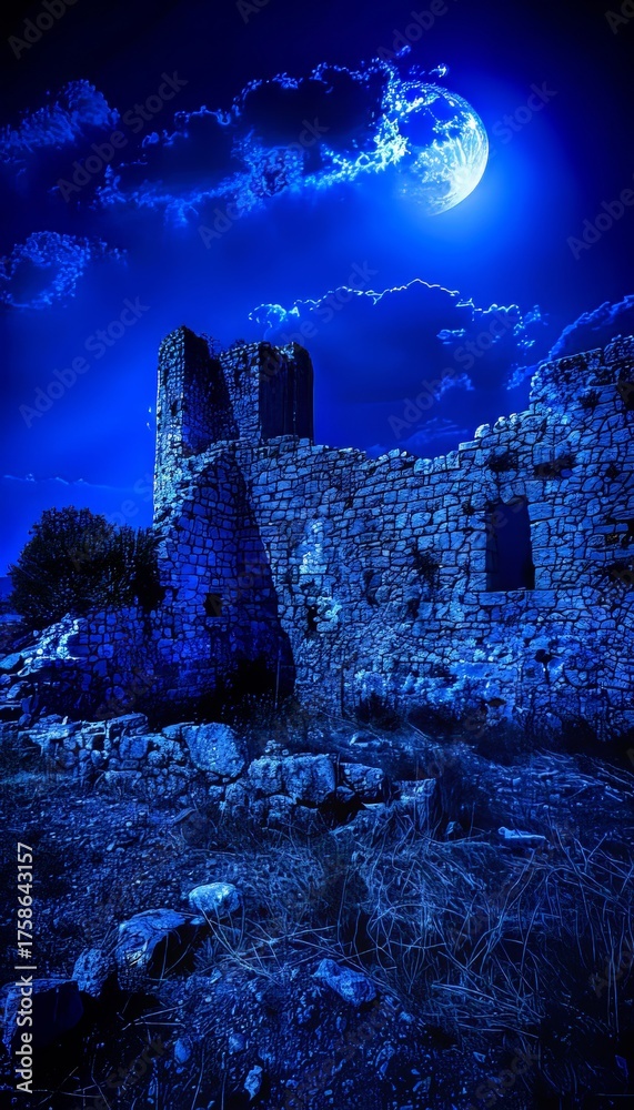Fototapeta premium Eerie night sky with glowing moon and mist over ancient castle ruins in a fantasy setting