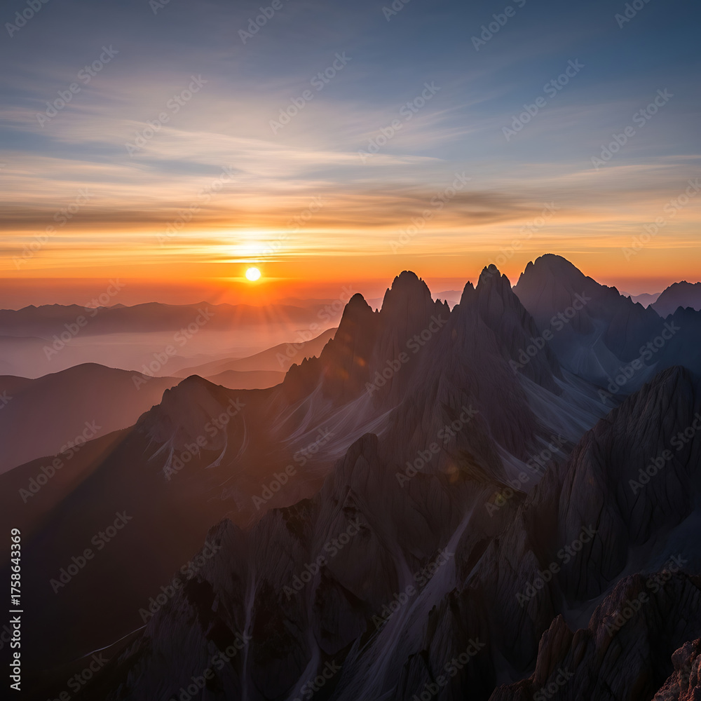 Naklejka premium Dramatic Mountain Peaks Illuminated by Golden Hour Sun at Sunrise