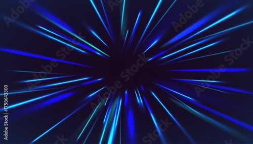 Blue circular glowing stripes of an exploding star. Dynamic starburst effect, radial accelerated zoom for technological design. Vector background.