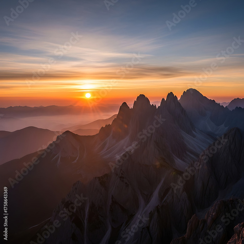 Dramatic Mountain Peaks Illuminated by Golden Hour Sun at Sunrise