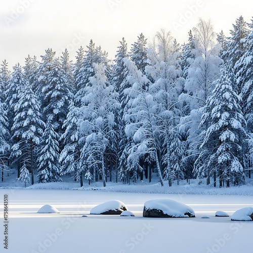 Tranquil Winter Wonderland with Snow dusted Trees and Iced Water
