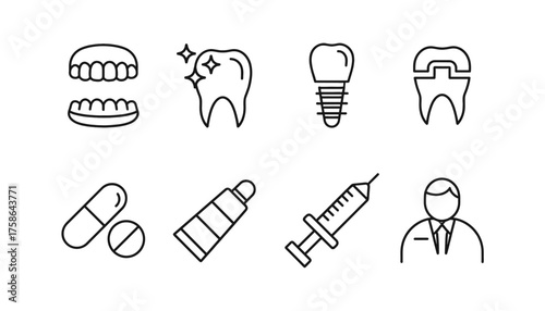 Outline Vector Icon Set for Dentistry, Medicine, and Healthcare: Collection of Minimalist Line Art Symbols for Tooth Treatment, Implants, Pharmacy, and Medical Professionals