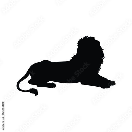 Silhouette of a majestic male lion resting calmly on a white background, lion lying down silhouette vector illustration