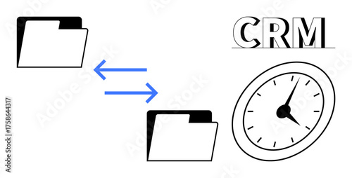 Transferring files between folders visualized with arrows, a clock symbolizing time, and CRM text for system management. Ideal for time tracking, data sharing, CRM, workflow efficiency