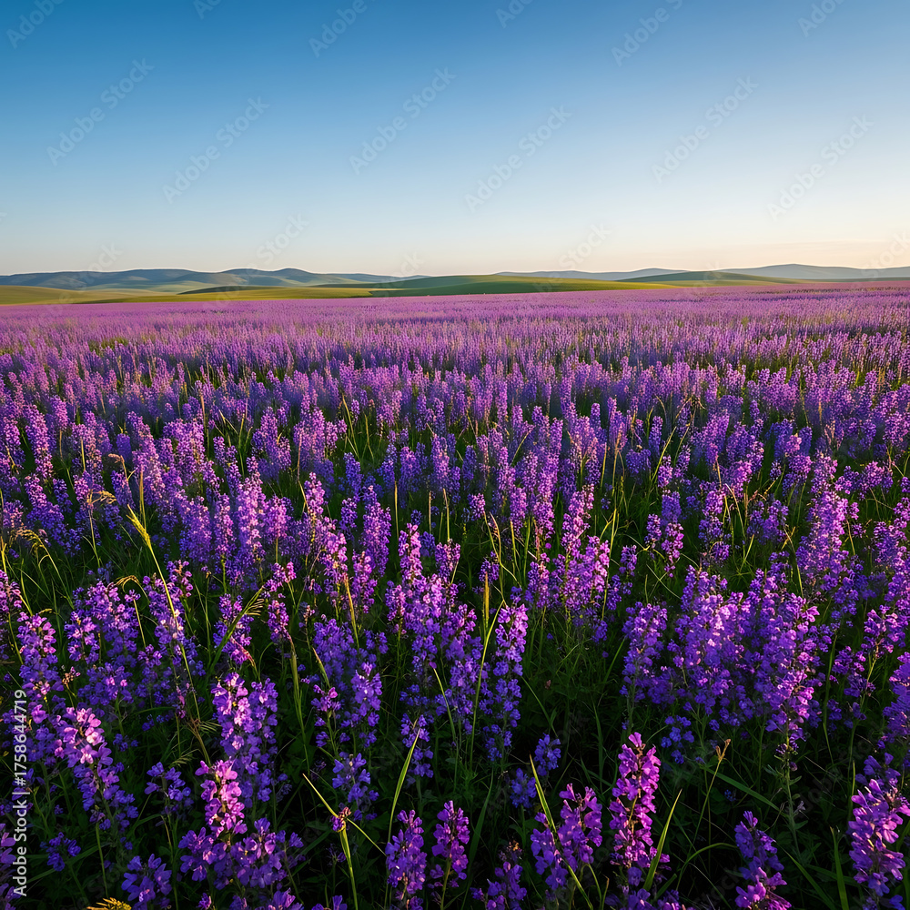 Naklejka premium Expansive Purple Flower Field with Rolling Green Hills and Blue Sky