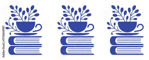 Three blue icons of a teacup with plants on books