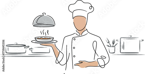 This minimalist line art illustration shows a chef in a chef's hat and uniform, presenting a steaming bowl of food on a platter with a domed lid.