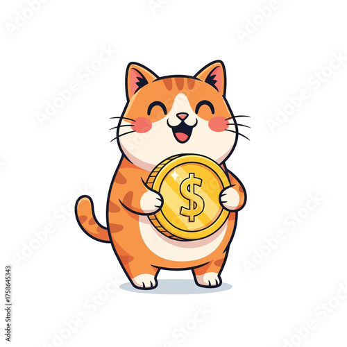 Adorable cartoon cat mascot cheerfully holding a gleaming gold dollar coin, symbolizing financial success, smart savings, and prosperity. Great for business, wealth, and finance concepts