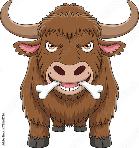 Angry cartoon bull with bones, funny yak illustration, wild animal character, intense expression, humorous farm beast