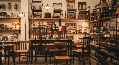 Eclectic collection of vintage wooden chairs, tables and shelves inside a store