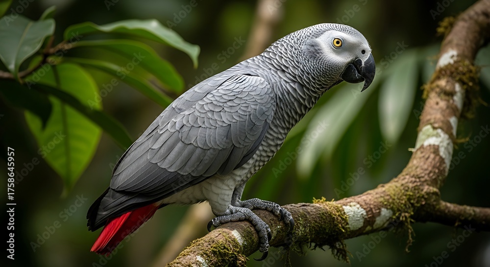 Obraz premium Grey Parrot on Tropical Branch.