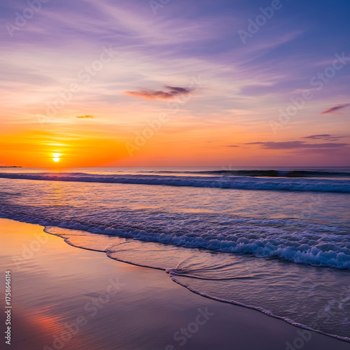 Vibrant Orange and Purple Sunset over a Tranquil Ocean Beach
