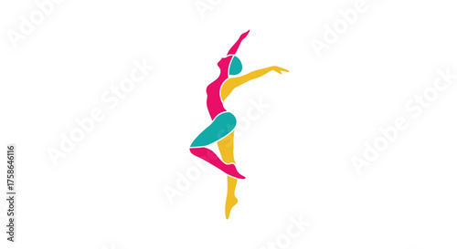 A stylized, colorful silhouette of a dancer in a graceful pose, balancing on one leg with arms raised, against a white background.