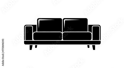 Black silhouette illustration of a two-seater sofa with cushions and legs on a white background.
