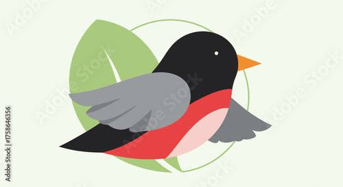 Stylized bird illustration with black head, gray wings, red breast, and orange beak, set against a leaf and circle.