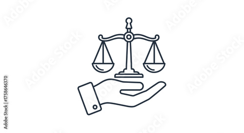A hand holds a balanced scale of justice, symbolizing fairness and legal representation in a minimalist line art style.