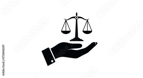 A black silhouette of a hand holding a balanced scales of justice on a white background.