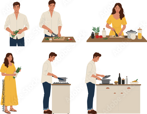 Cooking illustration, man and woman, kitchen activity, vegetable prep, healthy food, pot, chopping board, culinary tools
