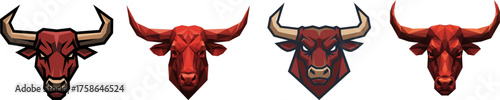 Four stylized red demonic bull or minotaur head trophies with large horns against a white background