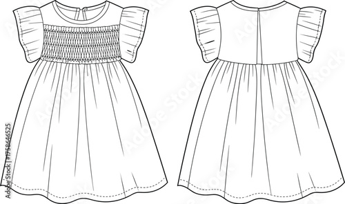 Girl’s dress illustration, puff sleeves, smocked bodice, front and back view, fashion sketch, garment design, sewing