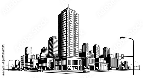 A black and white illustration of a city skyline with various buildings and streetlights.