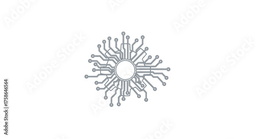 Abstract circuit board design with radiating lines from a central circle, resembling a technological or network connection.