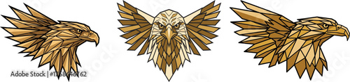 Geometric golden phoenix design showcasing three distinct stylized avian views