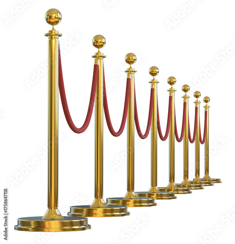 Luxurious Gold Stanchions or velvet rope stanchion. Golden stanchion and red velvet rope barrier for a VIP event isolated