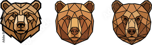 Three geometric wood carving style bear heads displayed vertically on a white background