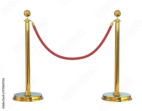 Luxurious Gold Stanchions or velvet rope stanchion. Golden stanchion and red velvet rope barrier for a VIP event isolated