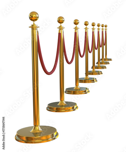 Luxurious Gold Stanchions or velvet rope stanchion. Golden stanchion and red velvet rope barrier for a VIP event isolated