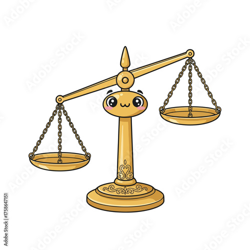 Whimsical golden balance scale illustration with a friendly, adorable face, symbolizing justice, equality, and fairness in a charming and approachable style for legal, ethical, and conceptual designs