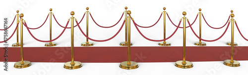 Luxurious Gold Stanchions or velvet rope stanchion. Golden stanchion and red velvet rope barrier for a VIP event isolated